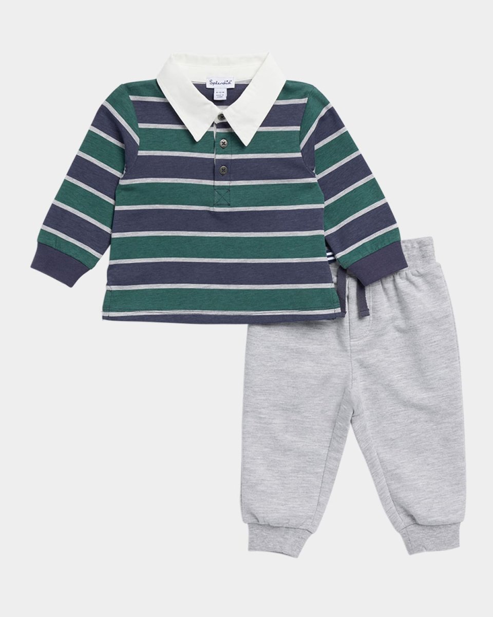 Boy's Preppy Stripe Polo Shirt & Sweatpants Set, Size